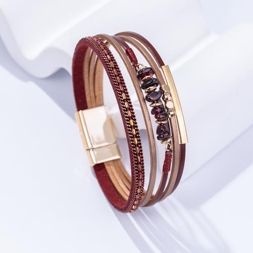 Boho Gemstone Beaded Leather Wrap Bracelets Stackable Chunky Cuff Bracelet Western Jewelry Cowboy Chic Country Concert Outfits for Women - color: Burgundy