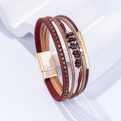 Boho Gemstone Beaded Leather Wrap Bracelets Stackable Chunky Cuff Bracelet Western Jewelry Cowboy Chic Country Concert Outfits for Women - color: Burgundy