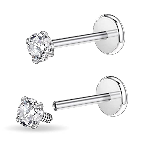 PunkTracker 16g/18g Surgical Steel Internal Thread CZ Stud Piercing Jewelry | for Tragus/Nose/Helix/Conch/Medusa/Lip/Labret - Helix Tragus Cartilage Earring for Women Men 2PCS - style: silver, 16g, 8mm bar, 3mm gem