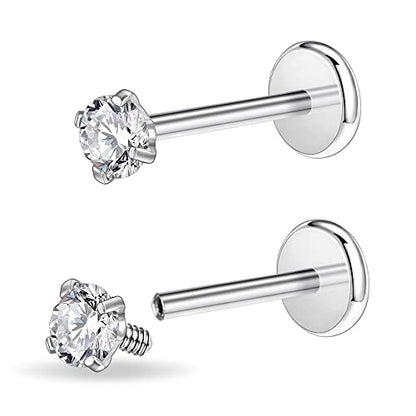 PunkTracker 16g/18g Surgical Steel Internal Thread CZ Stud Piercing Jewelry | for Tragus/Nose/Helix/Conch/Medusa/Lip/Labret - Helix Tragus Cartilage Earring for Women Men 2PCS - style: silver, 16g, 6mm bar, 4mm gem