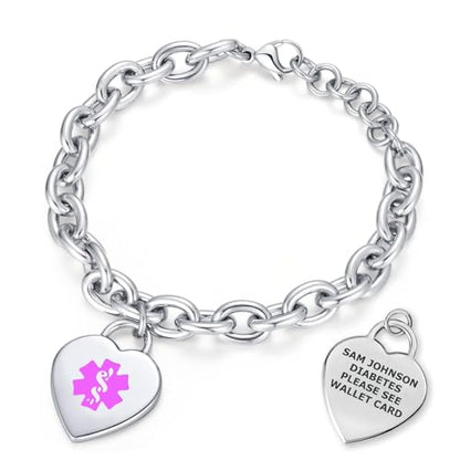 Custom Engraved Medical Alert ID Bracelet for Women | Heart Charm Medical ID Tag | Adjustable Curb Chain with Lobster Claw | Stainless Steel, Durable & Waterproof | Fits Wrists 8.5" (Silver) - style: Purple