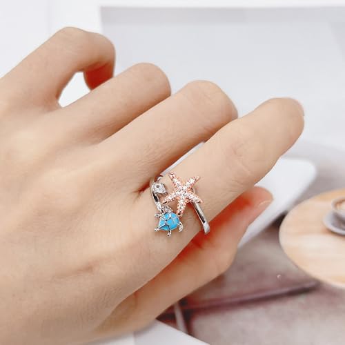 Starfish Turtle Fidget Anxiety Open Rings for Women Cute Funny Adjustable Crystal Spinner Stress Relief Stackable Ring Rotatable Calming Worry Meditation Jewelry Birthday Christmas Gifts