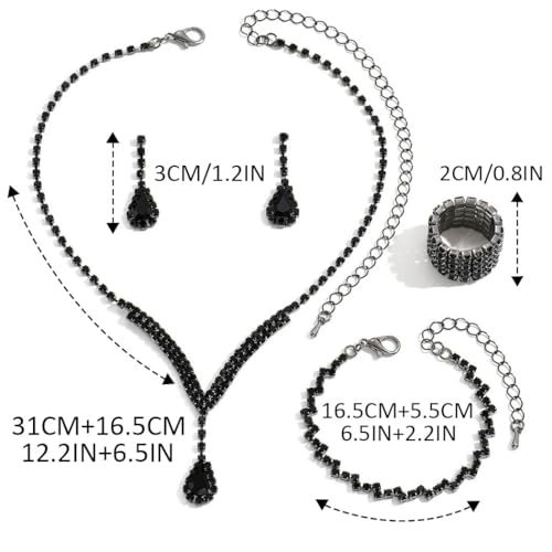 Bridal Wedding Jewelry Set Silver Rhinestone Necklace Earrings Sets Formal Costume Jewelry for Women and Brides - color: C-4 Pack Black Necklace Bracelet Rings Earrings
