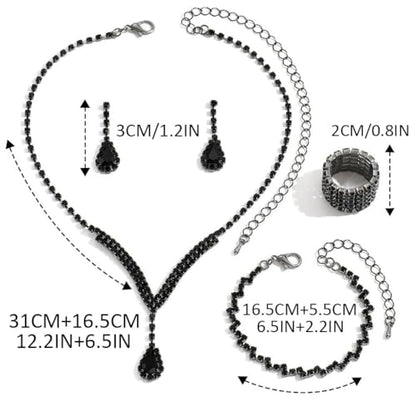 Bridal Wedding Jewelry Set Silver Rhinestone Necklace Earrings Sets Formal Costume Jewelry for Women and Brides - color: C-4 Pack Black Necklace Bracelet Rings Earrings