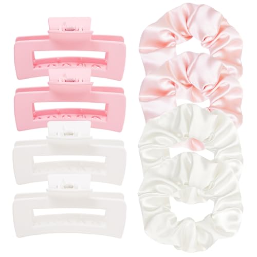 Hair Clips and Scrunchies Set for Women – 8Pack with 4 Claw Clips Square Medium Non-Slip Matte, 4 Big Satin Scrunchies for Girls, Hair Accessories for Thick Thin Hair Daily Use, Light Pink/White - color: Pink/White
