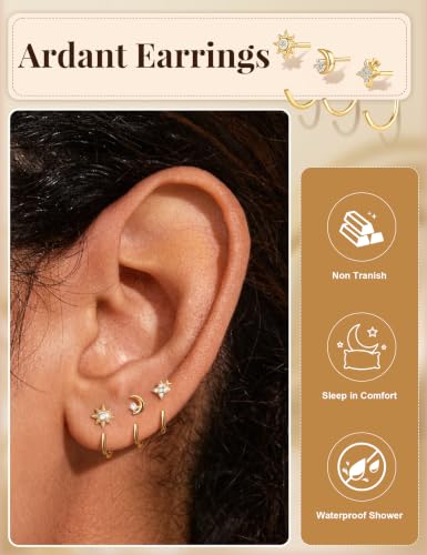 Freekiss 3 Pairs Backless Half Hoop Earrings Set for Women | 14K Gold Plated CZ Stay Close Hoop Earrings, Hypoallergenic Huggie Stackable Earring for Everyday & Sleep Wear Jewelry Gift - color: Celestial Moon Star-GD