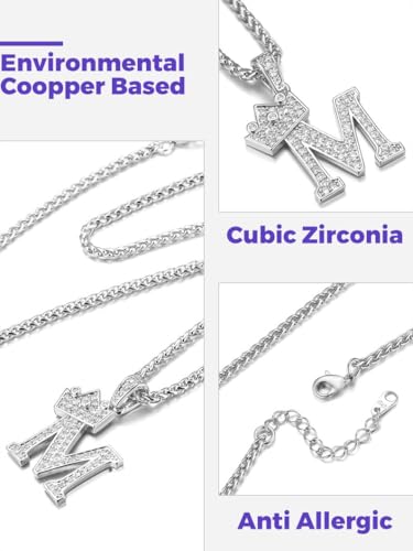 Richsteel Silver Crown Initial A-Z Letter Pendant Necklace for Men Women | Cubic Zirconia Monogram, 316L Steel Chain, 22" + 2" Extender,Hypoallergenic,Gift Box, Hip Hop Jewelry - style: M