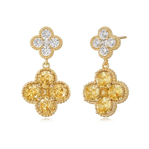 MTMY Dangle Earrings for Women 14K Gold Plated Four Leaf Clover Dangling Drop Birthstone Stud Earrings Trendy Flower Birthstone Jewelry Birthday Gifts - style: Nov.-Topaz