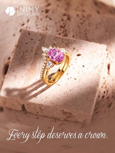 Certified 3CT Lab Grown Intense Pink Sapphire Stacking Rings, Tiara | Stacking Ring Set, Oval Cut, Crown Band, 14K Gold Plated, Hypoallergenic, Conflict-Free, Promise Ring, Box & Certificate