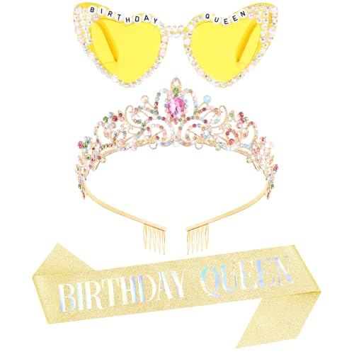 TAROSE Tiaras for Women, Birthday Crown and Sash for Girls | Birthday Sash Sunglasses Outfit, Birthday Gift for Women Girls, Goddess Crown Bride/Halloween/Prom/Party/Costume - color: 1 C. Gold+color（sash+glasses）
