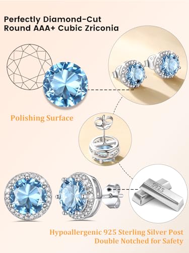 Bestyle Authentic 925 Sterling Silver 2 Carat Birthstone Earrings for Women, More Sparkle Heart/Round Solitaire Diamond Studs Earrings, Great Birthday/Christmas/Anniversary Jewelry for Wife Mother - color: 03. Mar. Aquamarine-Round