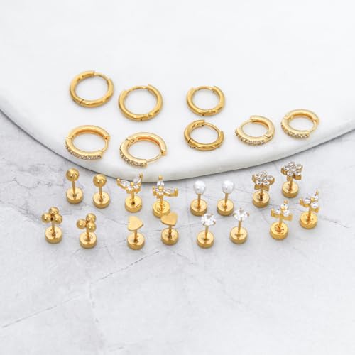 Stainless Steel Stud Earrings Set for Women Hypoallergenic Flat Back Cartilage Earrings Screw Back Huggie Hoop Earrings Multiple Piercing Cubic Zirconia Helix Tragus Jewelry - color: Set-B-14K Gold Plated