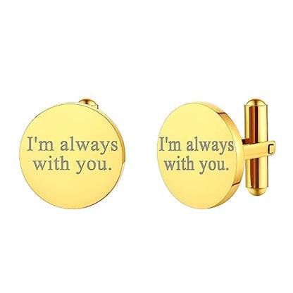 FindChic Stainless Steel Round Cufflinks with Custom Text/Picture/Monogram Letters 18K Gold Plated/Black Color for Men Groom Suits Shirts, with Gift Box - style: 01. simple round-custom text (gold plated)