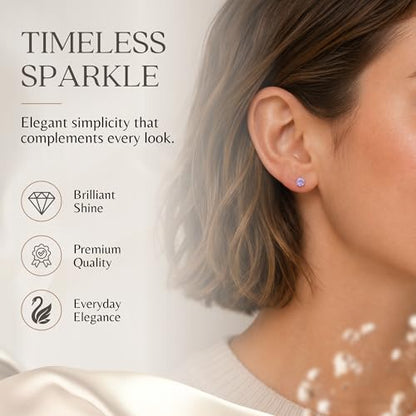 Genuine 925 Sterling Silver Stud Earrings for Women with Round Solitaire Gemstone | Hypoallergenic, Non-Tarnish & Nickel-Free | With Gift Box & Pouch | 18K Gold Plated & Silver Settings - size: 4 mm