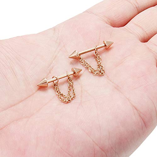 Ruifan Surgical Steel Nipple Shield Rings Tongue Barbell Piercing Jewelry Retainer 14G 5/8Inch Chain Dangle Clear CZ For Women Men 2-20PCS - color: 2PCS - Rose Gold w Spikes