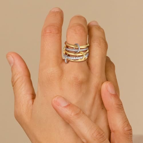 SLOONG Gold Stackable Rings for Women, Dainty 18k Gold Plated Cubic Zirconia Rings,Gold Silver Multi Ring Mixed Metals Stackable Ring Set for Women Non Tarnish Style2#9