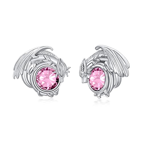 Dragon Earrings Sterling Silver Stud Hypoallergenic Birthstone Crystal Dragon Earrings for Women - color: 10-Oct