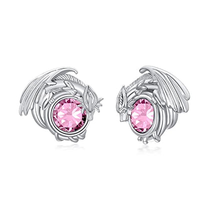 Dragon Earrings Sterling Silver Stud Hypoallergenic Birthstone Crystal Dragon Earrings for Women - color: 10-Oct