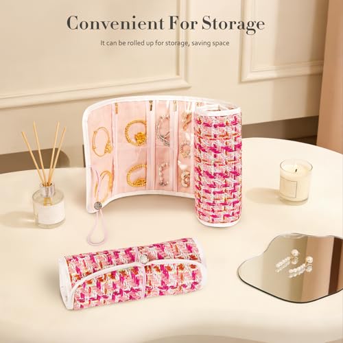 Abiudeng Tweed Travel Jewelry Organizer Roll with 20 Compartments - Rhinestone Button, Anti-Tarnish & Tangle-Free Necklace Storage Bag, Velvet Lined Scratch Protection Case for Women - Pink - color: Pink