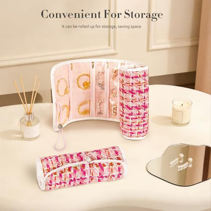Abiudeng Tweed Travel Jewelry Organizer Roll with 20 Compartments - Rhinestone Button, Anti-Tarnish & Tangle-Free Necklace Storage Bag, Velvet Lined Scratch Protection Case for Women - Pink - color: Pink