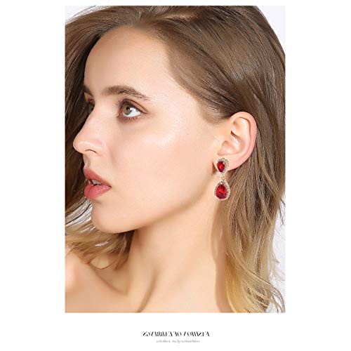 Pave Teardrop Earrings for Wedding Sterling Silver Double Pear Shaped CZ Cubic Zirconia Crystal Rhinestone Birthstone Dangle Earrings Bridal Jewelry for Bride Bridesmaids - color: Stunning Ruby
