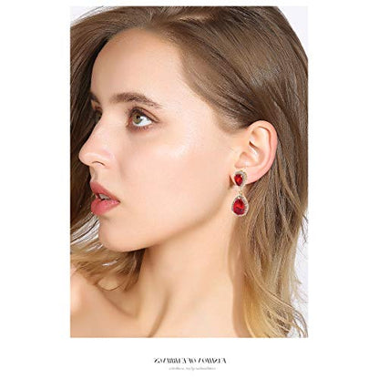 Pave Teardrop Earrings for Wedding Sterling Silver Double Pear Shaped CZ Cubic Zirconia Crystal Rhinestone Birthstone Dangle Earrings Bridal Jewelry for Bride Bridesmaids - color: Stunning Ruby