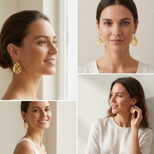 Antique Gold Hammered Disc Drop Earrings Boho Earrings with Two Tone Jewelry Gift - color: AMZ-EH21309A-L