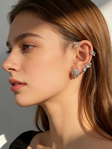 2PCS Flower Tassel Zircon Earrings Ear Cuffs No Piercing Flower Climber Wrap Around Earrings Pearl Drop Earrings for Women Fairy Ear Clip Dainty Wedding Earrings for Brides - color: Style 1 - Silver