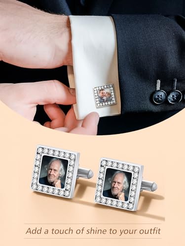 FindChic Stainless Steel Round Cufflinks with Custom Text/Picture/Monogram Letters 18K Gold Plated/Black Color for Men Groom Suits Shirts, with Gift Box - style: 02. CZ custom photo-square (stainless steel)
