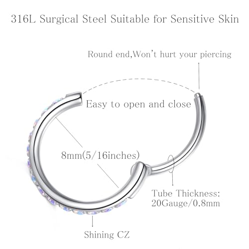 ORANGELOVE 20G 18G 16G Clear CZ Nose Ring Hoop 316L Surgical Steel Seamless Silver Septum Ring Clicker Jewelry Cartilage Earring Ear Piercing Hoop Earrings for Women Men Helix Rook Lobe Conch Tragus Daith Lip Hinged Piercing Jewelry with Cubic Zirconia -