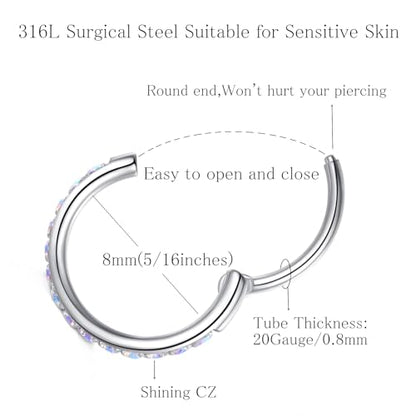ORANGELOVE 20G 18G 16G Clear CZ Nose Ring Hoop 316L Surgical Steel Seamless Silver Septum Ring Clicker Jewelry Cartilage Earring Ear Piercing Hoop Earrings for Women Men Helix Rook Lobe Conch Tragus Daith Lip Hinged Piercing Jewelry with Cubic Zirconia -