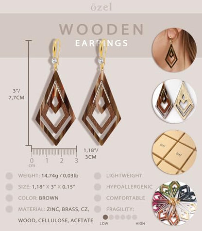 Ozel - Natural Wooden Acrylic Boho Drop Dangle Earrings for Women - Geometric Statement Jewellery - Brown, Black, Magent Red, Olive Green, White beige - color: Diamond_Brown