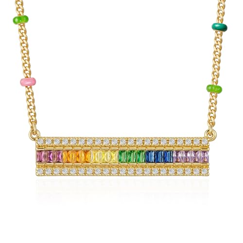 Fettero Dainty 14K Gold Plated Cubic Zirconia Necklaces for Women, Simple Bar Pendant Necklace, Mix-color Rainbow Jewelry Gold Necklace for Women Trendy Gifts - style: Multicolor Bar