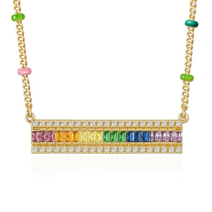 Fettero Dainty 14K Gold Plated Cubic Zirconia Necklaces for Women, Simple Bar Pendant Necklace, Mix-color Rainbow Jewelry Gold Necklace for Women Trendy Gifts - style: Multicolor Bar
