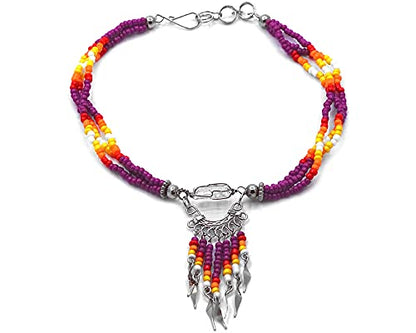 Mia Jewel Shop Native American Inspired Wire Wrapped Clear Quartz Crystal Seed Beaded Dangle Multi Strand Anklet - Womens Fashion Handmade Jewelry Boho Accessories - color: Purple
