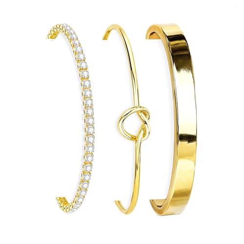 HERIER Gold Bracelets for Women 18k Gold Plated Bracelet Stack Bangle Cuff Bracelet Set for Women Non Tarnish Beaded/Paperclip/Cuban Link Chain Bracelets Jewelry for Women Trendy - style: Bangle Tennis3-Gold