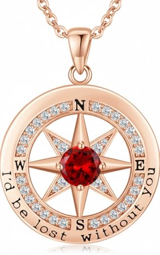 Compass Necklace for Women Wife Girlfriend Mom Daughter Gifts | S925 Silver Jewelry For Anniversary 18K Rose Gold Gifts For Birthday Christmas Mothers Valentines Day 12 Birthstones - style: 01-January-Rose Gold