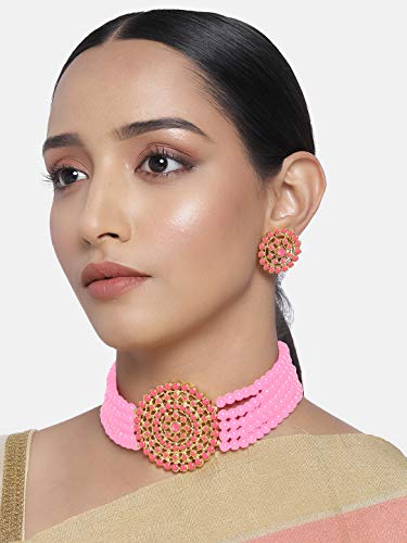 Aheli Pearl Diamond Choker Necklace & Round Earrings Gift for Women Indian Traditional Bollywood Fashion Bharatanatyam jewellery set - color: Pink