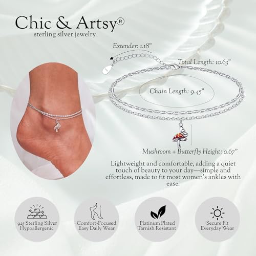 CHIC & ARTSY 925 Sterling Silver Ankle Bracelets for Women, Adjustable Layered Foot Chains with Nature & Symbol Charms, Lightweight Comfort Fit Boho Beach Everyday Jewelry - color: # Mushrooms Butterfly Anklet