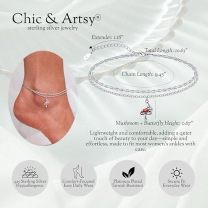 CHIC & ARTSY 925 Sterling Silver Ankle Bracelets for Women, Adjustable Layered Foot Chains with Nature & Symbol Charms, Lightweight Comfort Fit Boho Beach Everyday Jewelry - color: # Mushrooms Butterfly Anklet