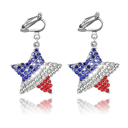 4th of July Independence Day Clip on Earring for Women American Flag Dangle Earrings Patriotic Red White Blue USA Earring, Pave Crystal Stud - color: Red
