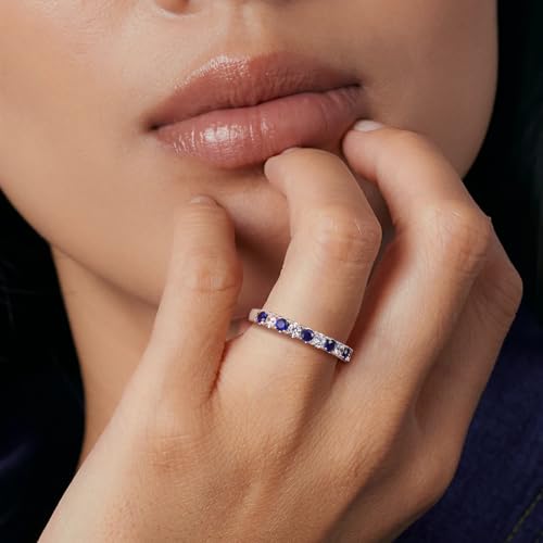 Bezel Set Birthstone Wedding Band 14K Gold Sterling Silver Stackable Half Eternity Band Rings 2.5mm Wide Ruby/Amethyst/Sapphire/Emerald Green/Aquamarine Ring for Women, Send Gift Box - style: 09-Created Sapphire & CZ