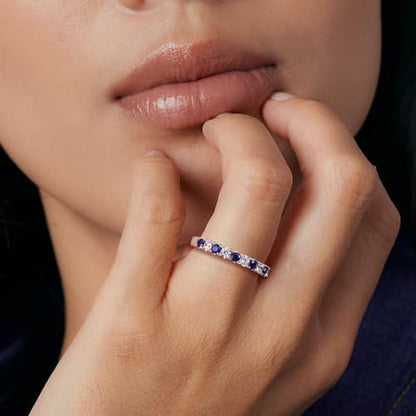Bezel Set Birthstone Wedding Band 14K Gold Sterling Silver Stackable Half Eternity Band Rings 2.5mm Wide Ruby/Amethyst/Sapphire/Emerald Green/Aquamarine Ring for Women, Send Gift Box - style: 09-Created Sapphire & CZ