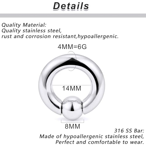 12G 10G 8G 6G 4G 2G 0G 00G Large Septum Rings Gauges Earrings Hoops 316L Surgical Steel Spring Action Captive Bead PA Ring CBR Septum Nose Rings Piercing Jewelry for Women Men - color: Silver, size: 6G=4mm Inner Dia: 9/16" (14mm)