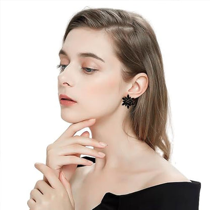Crystal Flower Burst Stud Earrings Large Big Sparkly CZ Cubic Rhinestone Floral Cluster Flower Stud Earrings Bridal Wedding Party - color: Black