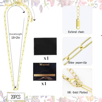 20 Pack 18Inch 18K Gold Plated Paperclip Charm Necklace Chains for Jewelry Making Adjustable 4mmx12mm Stainless Steel Necklace Chain with 2 Inch Extension Chain for Women - color: Necklace 20 Pcs Gold Necklace