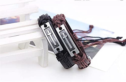 FORUBUS Religious Cross Leather Bracelet, Leather Cross Bracelet for Women Men Religious Gift, Church Pray Baptism Christmas Jewelry - color: Brown