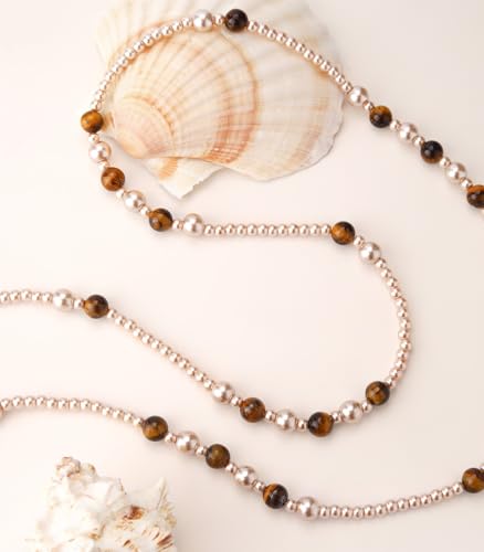 Long Beaded Necklaces for Women Pearl Stone Bead Strand - Layered Sweater Chain Elegant Mother's Day Jewelry Gifts - color: Champagne