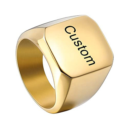 INBLUE Personalized Engraved Initial Monogram Signet Rings for Man Women Stainless Steel Rings Customize Jewelry with Ring Size Adjuster - color: Gold: Text