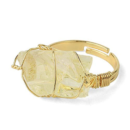 COLORFUL BLING Raw Healing Crystal Natural Stone Ring Statement Copper Wire Wrapped Irregular Crystal Gemstone Adjustalble Ring Jewelry for Women - color: Lemon Quartz